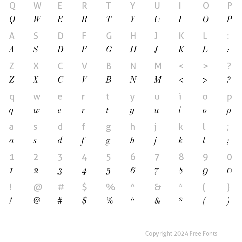 Character Map of Bodoni Classic Handdrawn Medium Italic