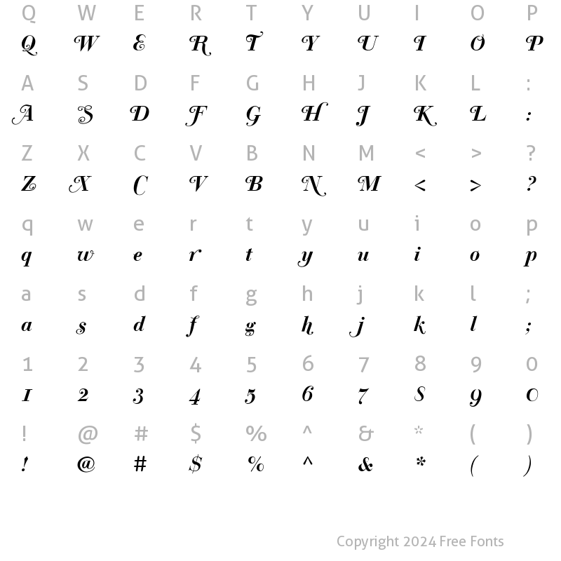 Character Map of Bodoni Classic Swashes Bold Italic