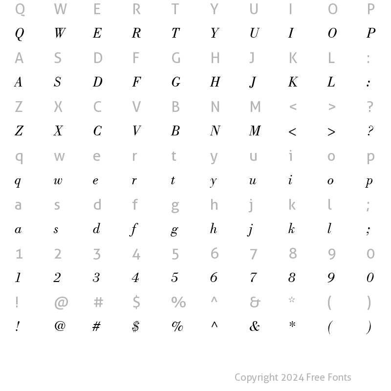 Character Map of Bodoni LT Book Italic