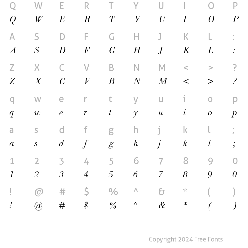 Character Map of Bodoni MT Std Book Italic