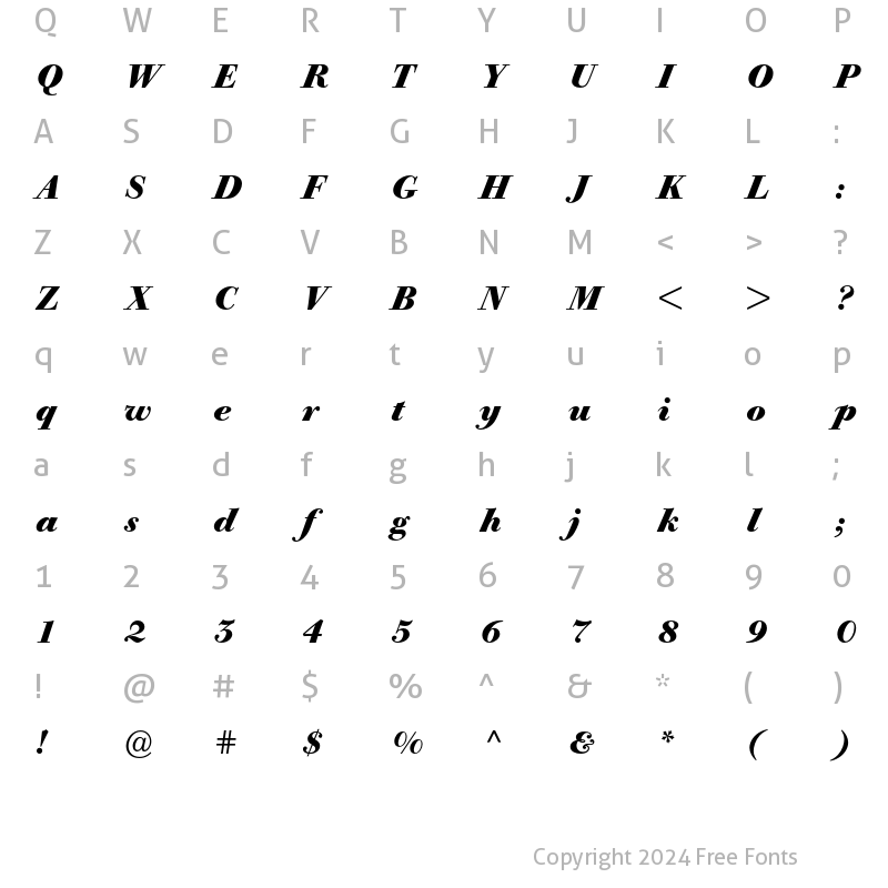 Character Map of Bodoni Old Face BE Bold Italic