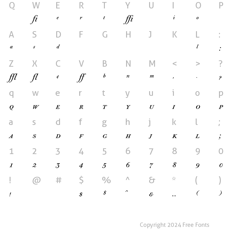 Character Map of Bodoni Old Face BE Expert Italic