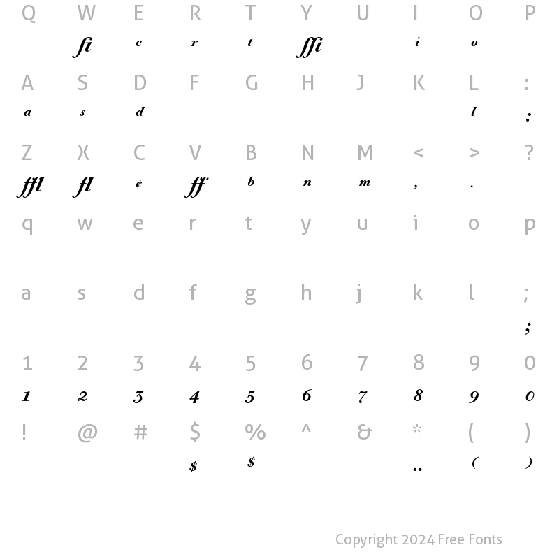 Character Map of Bodoni Old Face BE Expert Medium Italic