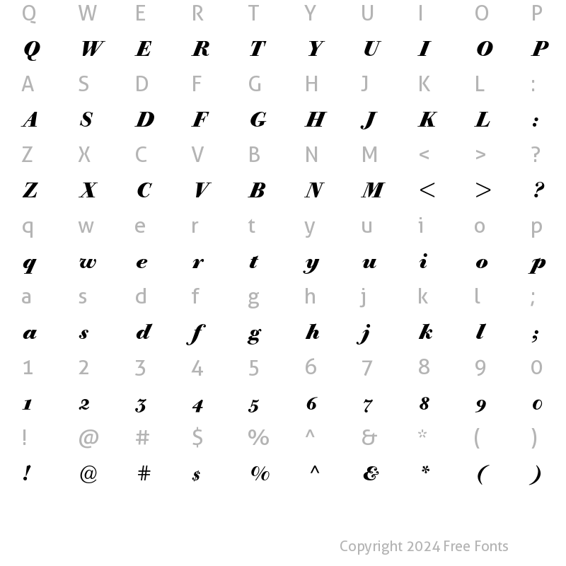 Character Map of Bodoni Old Face BE Oldstyle Fig Bold Italic