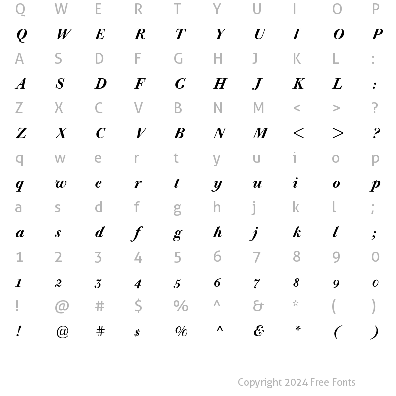 Character Map of Bodoni Old Face BE Oldstyle Fig Medium Italic