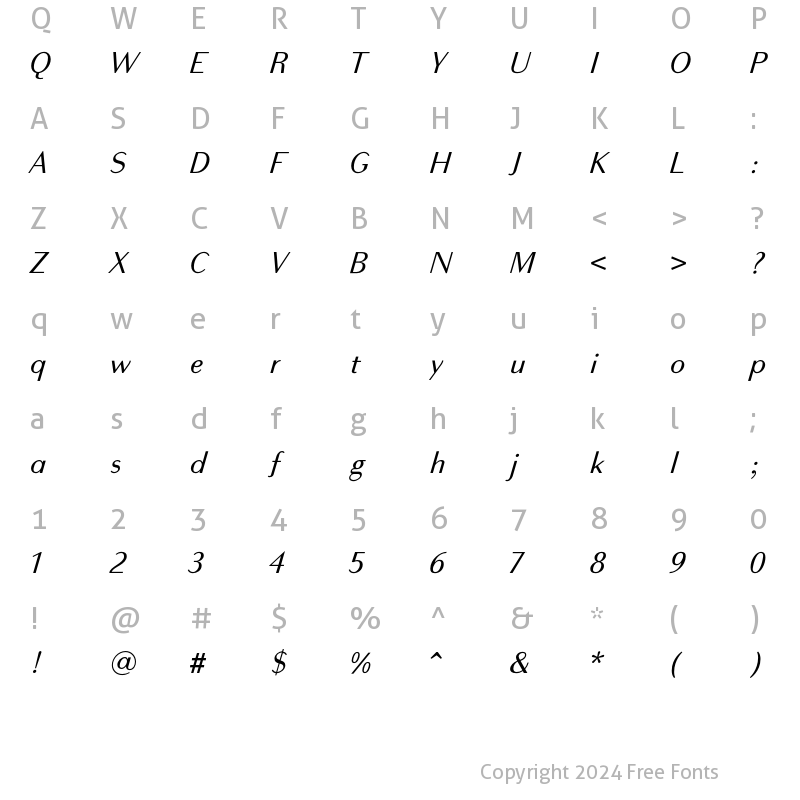 Character Map of Bodoni Sans Text Italic