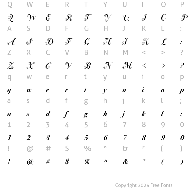 Character Map of Bodoni Sev Swash ITC Bold Italic