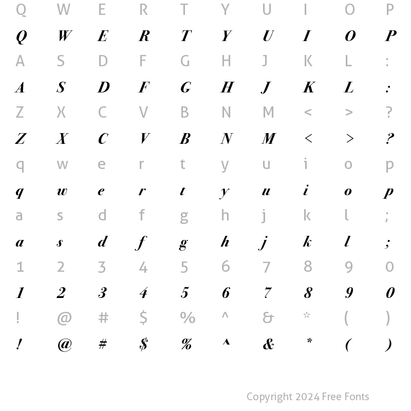 Character Map of Bodoni Seventytwo ITC Bold Italic