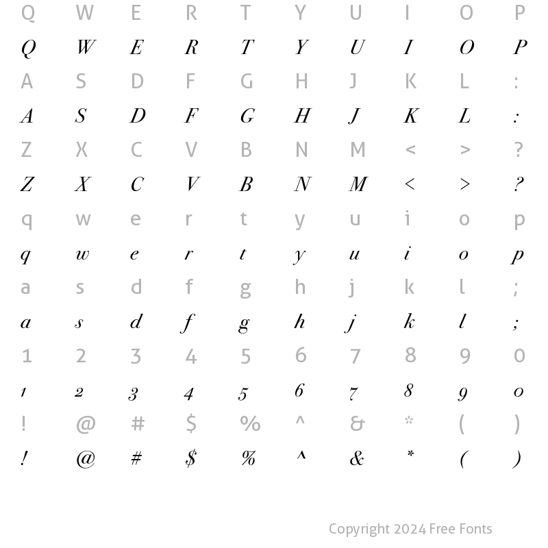 Character Map of Bodoni Seventytwo ITC Book OS Italic