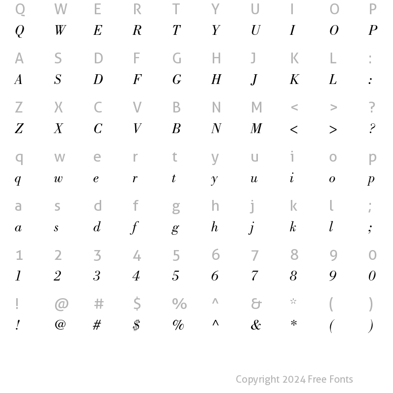 Character Map of Bodoni Std Book Italic