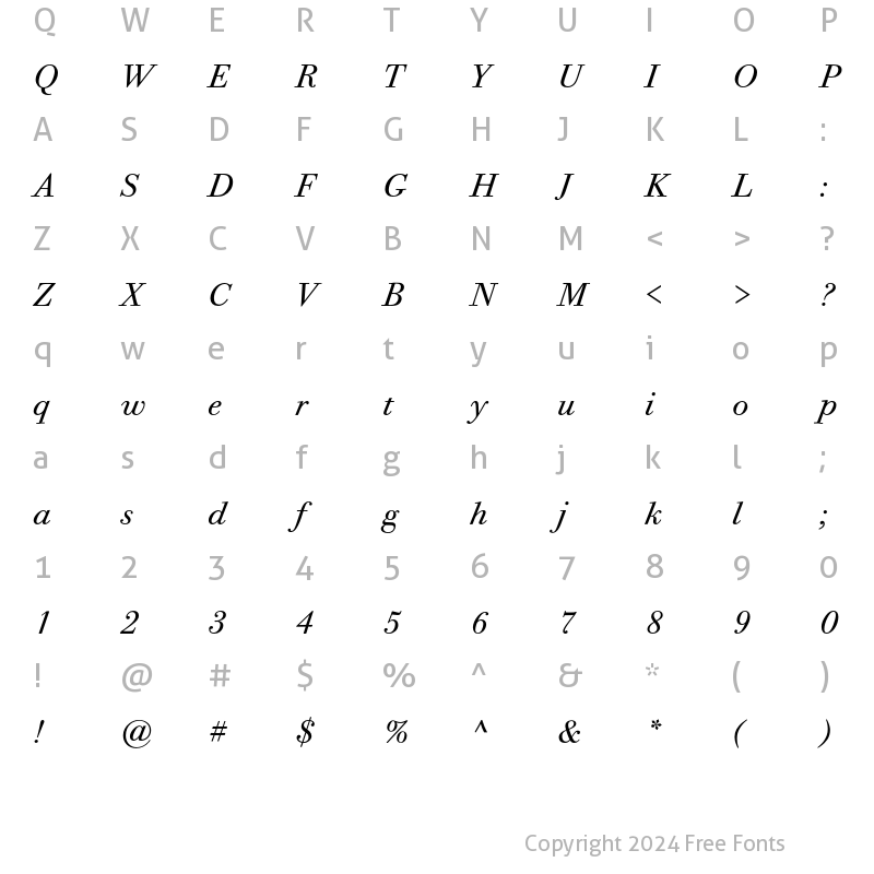 Character Map of Bodoni Twelve ITC Book Italic