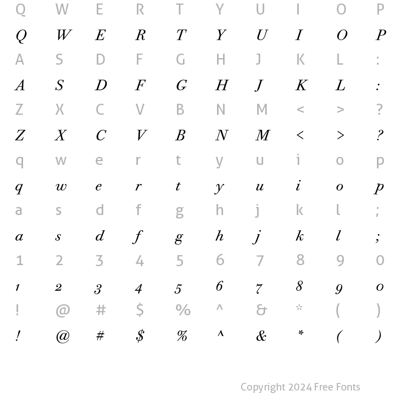 Character Map of Bodoni Twelve ITC Book OS Italic