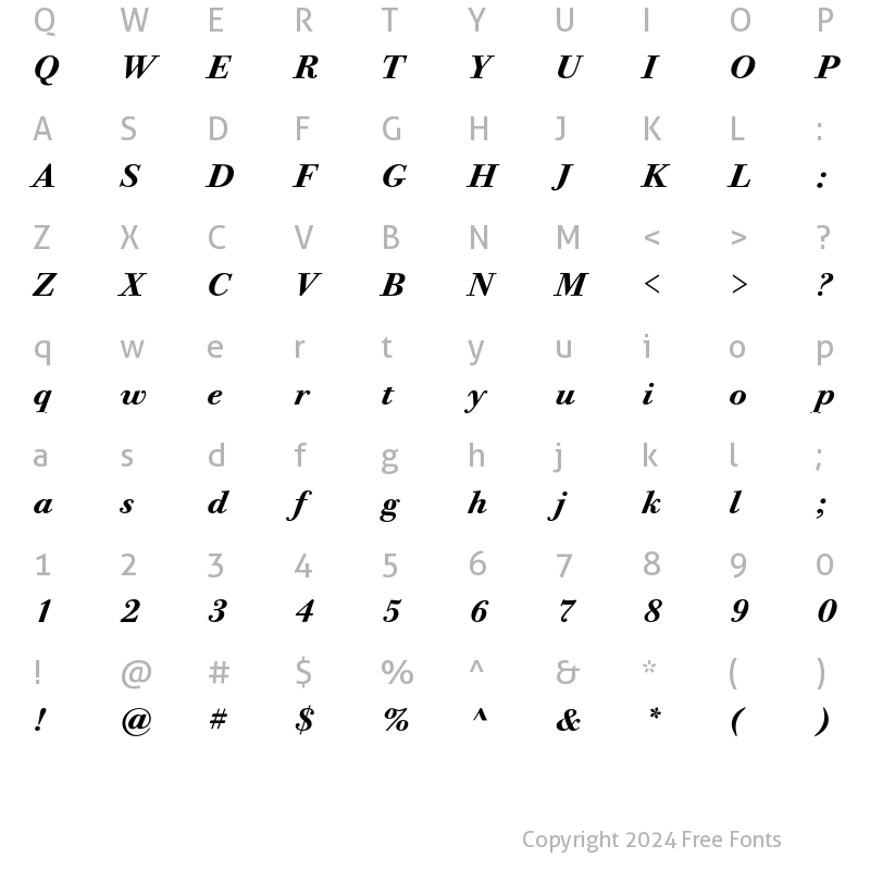 Character Map of Bodoni Twelve ITC Std Bold Ita