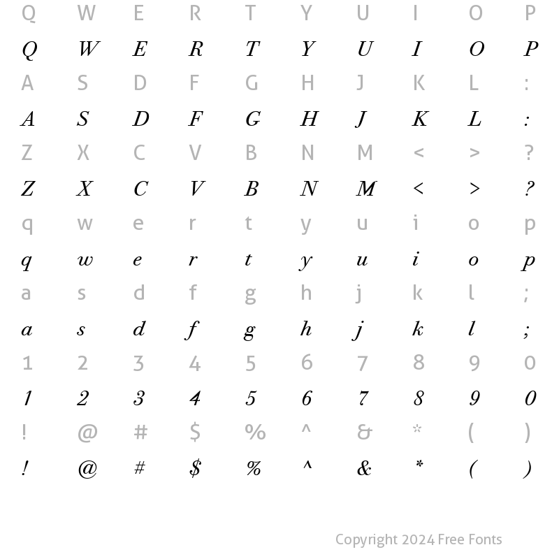 Character Map of Bodoni Twelve ITC TT BookItalic