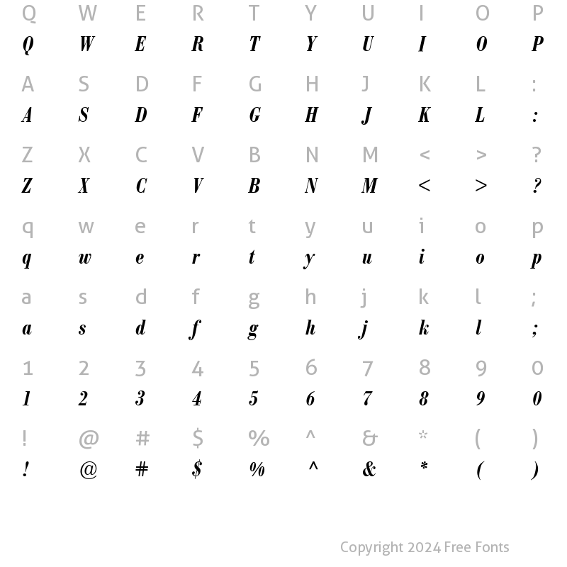 Character Map of BodoniBE-CondensedMedium MediumItalic