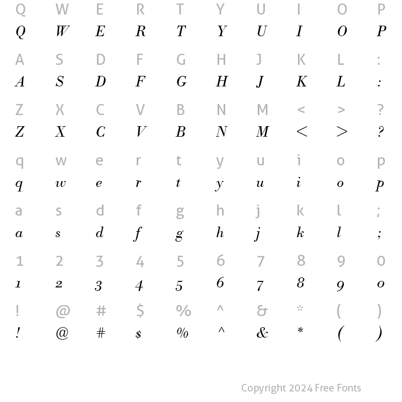 Character Map of BodoniBEOldstyleFigures-Light LightItalic