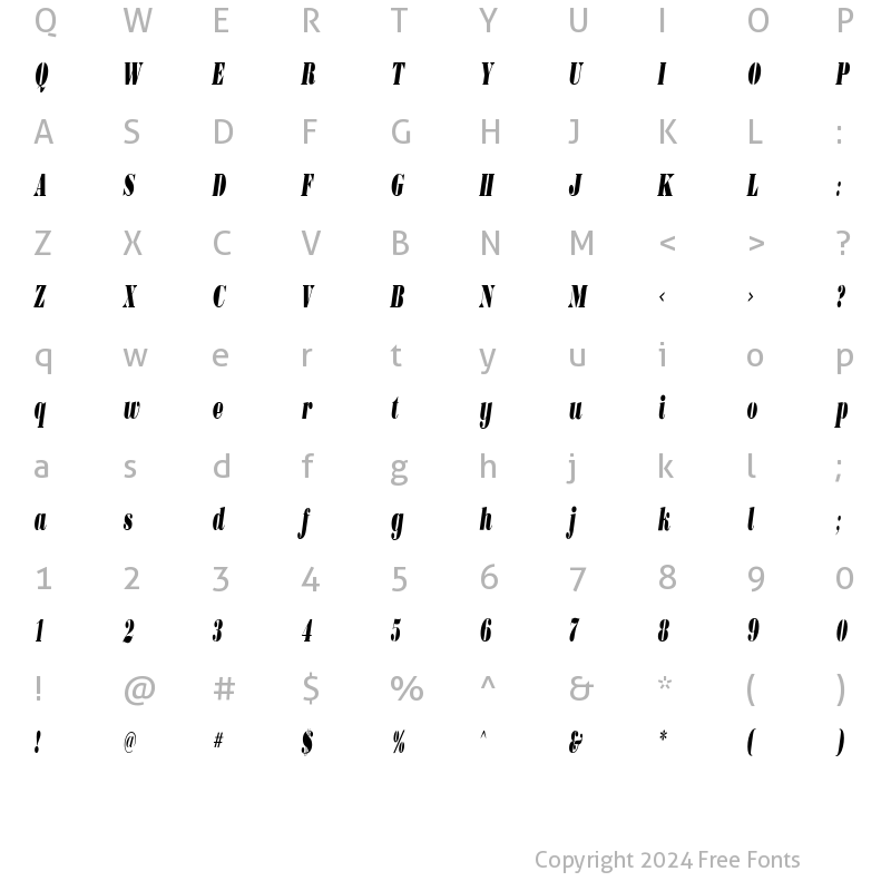 Character Map of BodoniUltraFLFCond Medium Italic