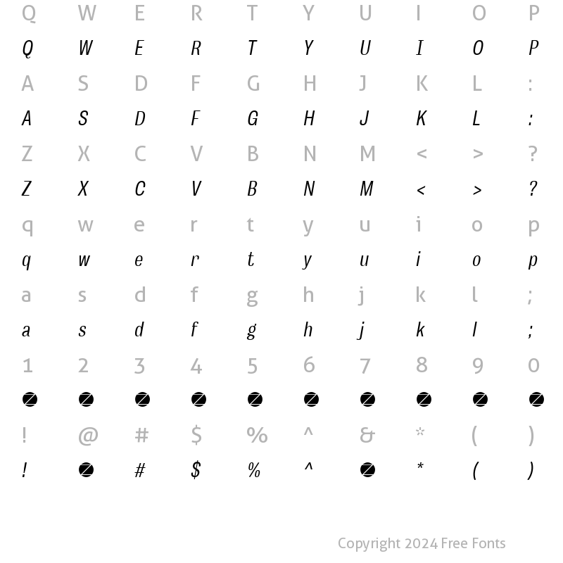 Character Map of Body Grotesque Slim Italic