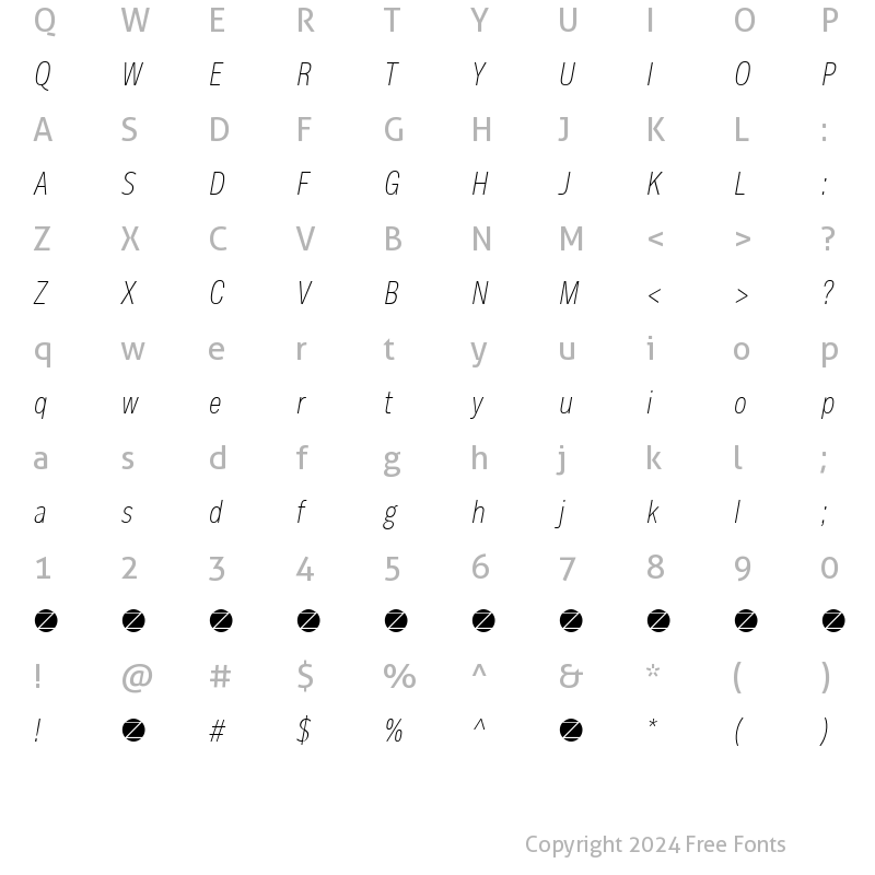 Character Map of Body Text SlimTrial Light Italic