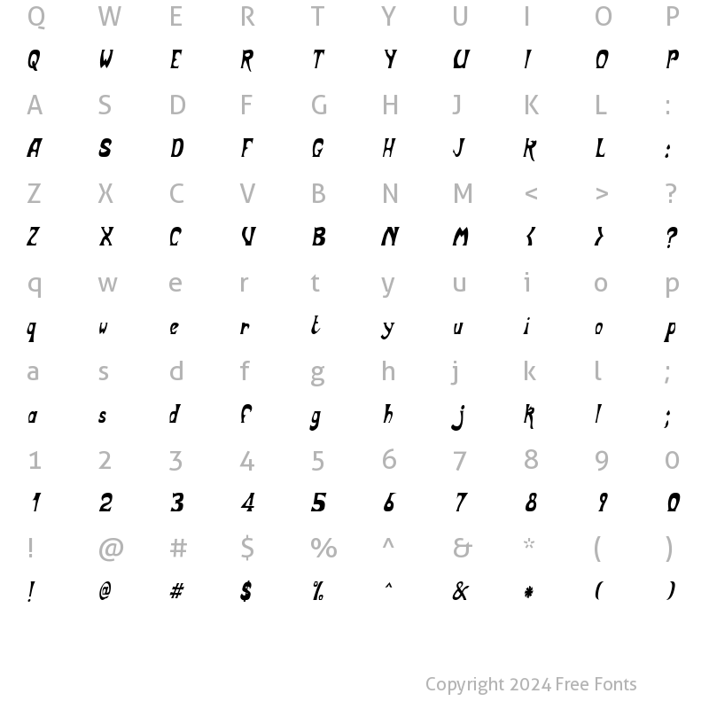 Character Map of BodyShopCondensed Oblique