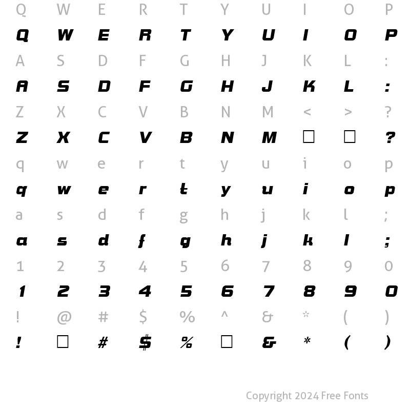 Character Map of Bolts SF Italic