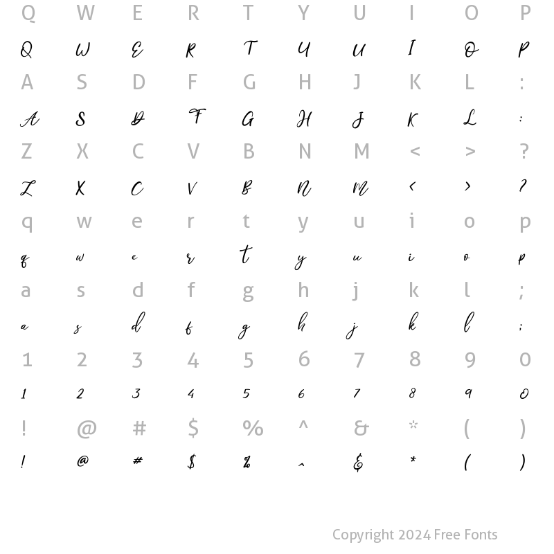 Character Map of Bonny Slant Bonny Italic