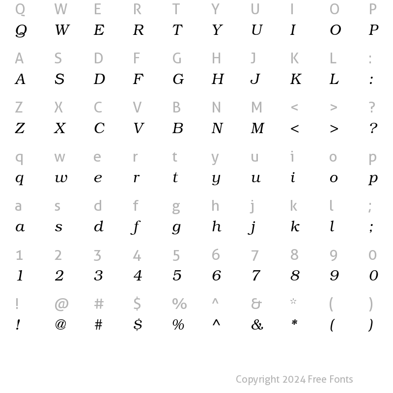 Character Map of Bookman ITC Std Light Italic