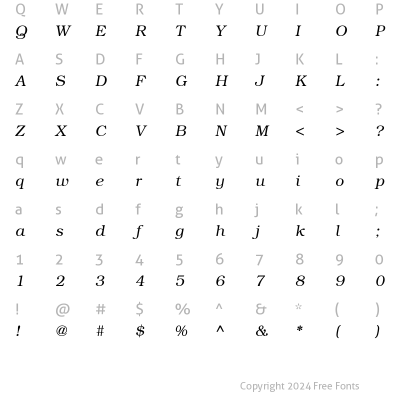 Character Map of Bookman Light SSi Light Italic