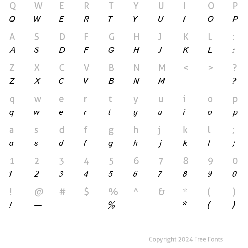 Character Map of Bookvarnaja Italic