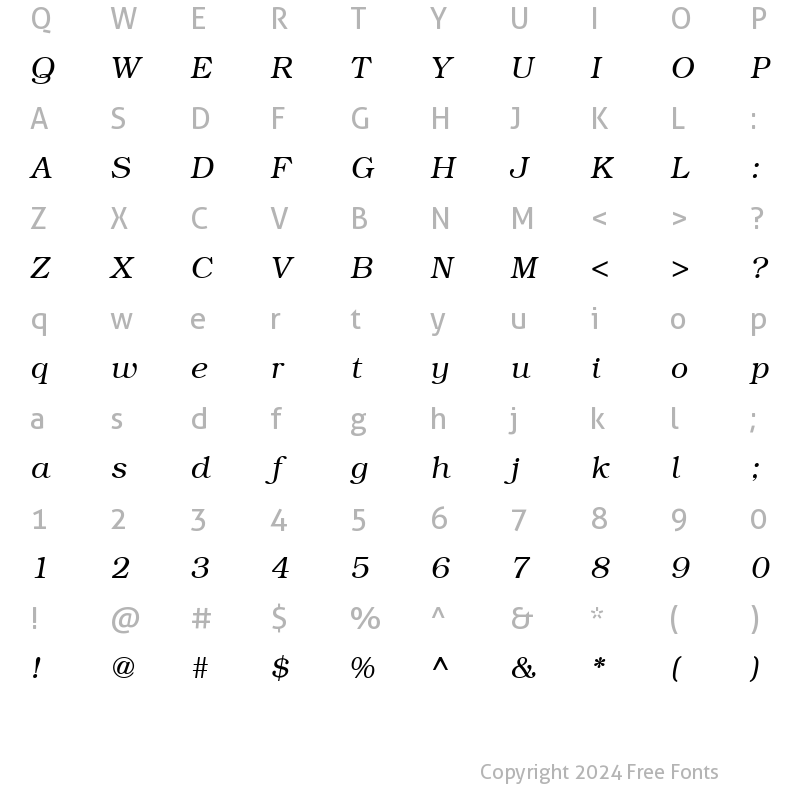 Character Map of Bookwoman LightItalicSH