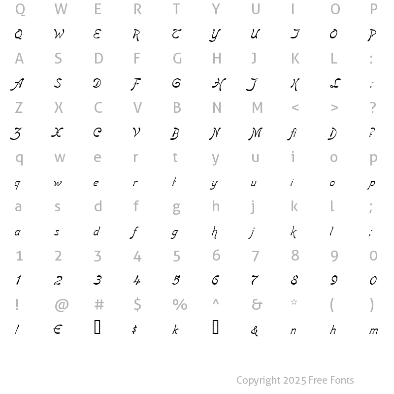 Character Map of BoomerangItalic Regular