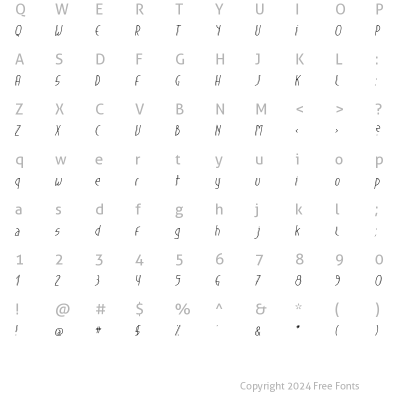 Character Map of Bourget Italic Regular