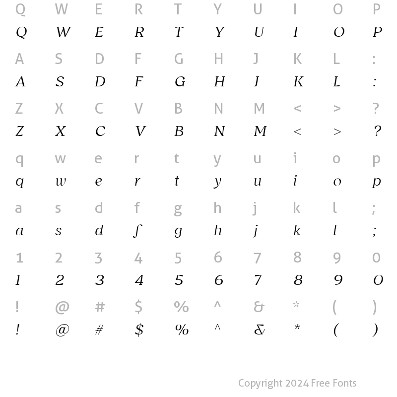 Character Map of Bovino-ExtraLightItalic Regular