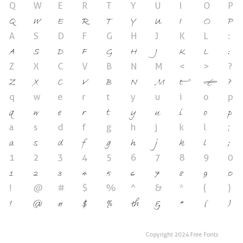 Character Map of Bradley Hand ITC TT Italic