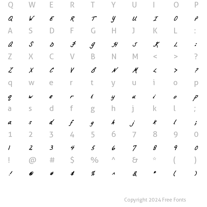 Character Map of BrandysHand Bold Italic