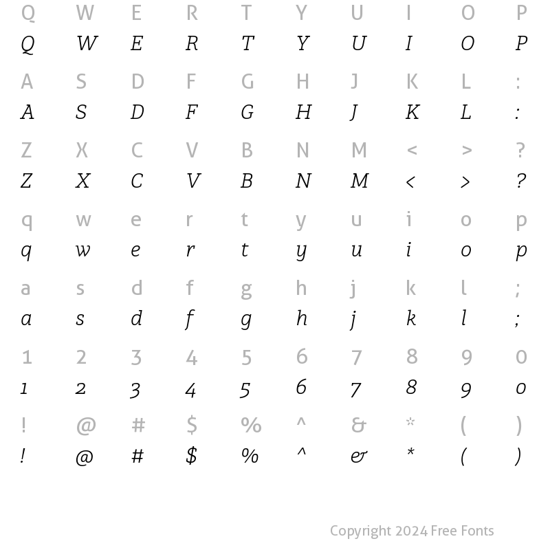 Character Map of Brava Slab Light Italic