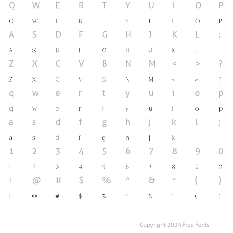 Character Map of Breadley Serif Thin