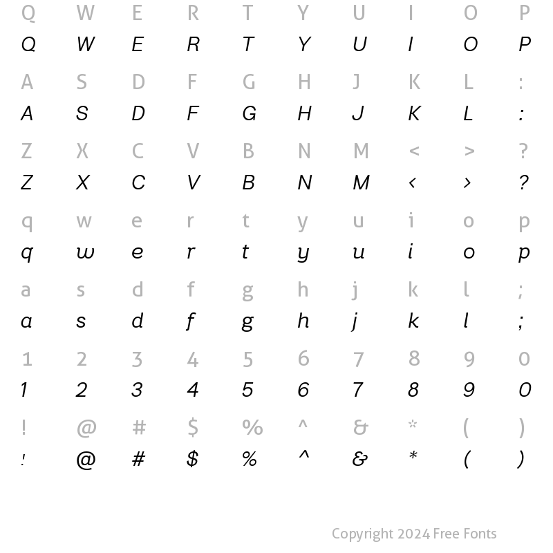 Character Map of BrightGrotesk-BookItalic ?