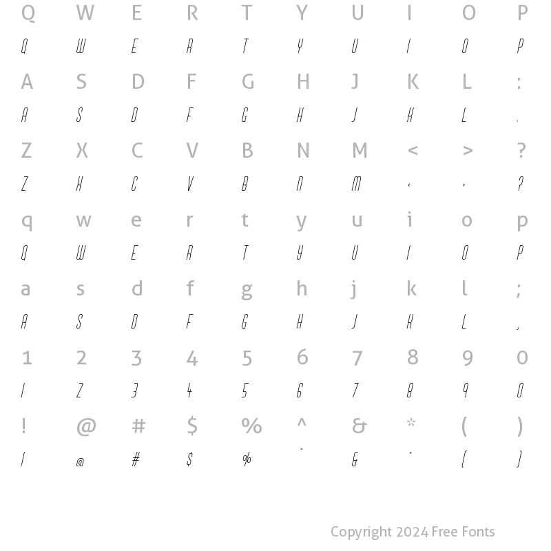 Character Map of Brigmore Thin Oblique