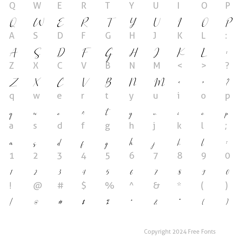 Character Map of Brillia Calligraphy Italic