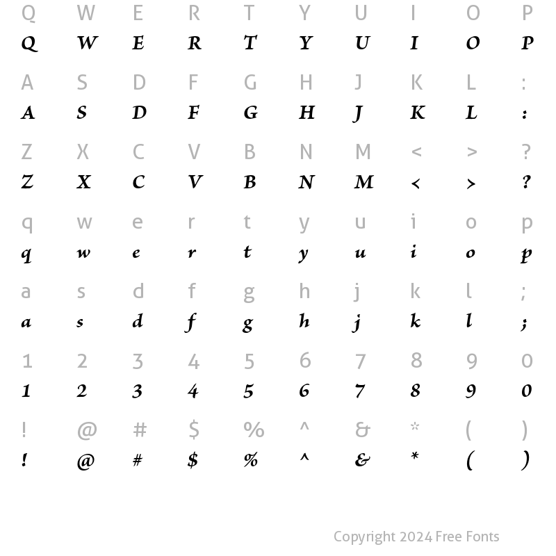 Character Map of Brioso Pro Bold Italic Caption