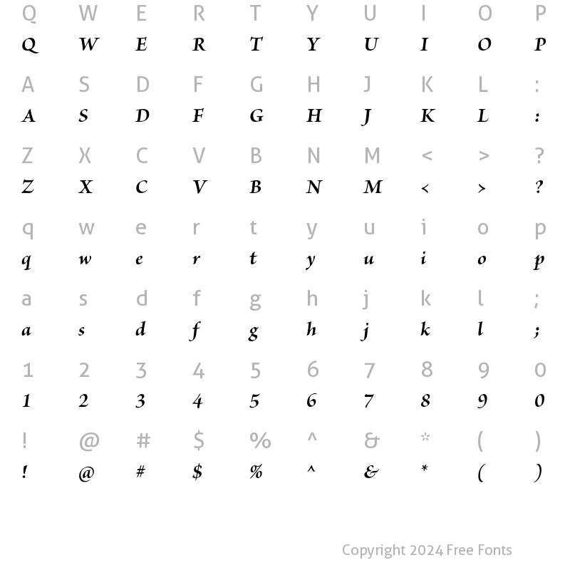 Character Map of Brioso Pro Bold Italic Subhead