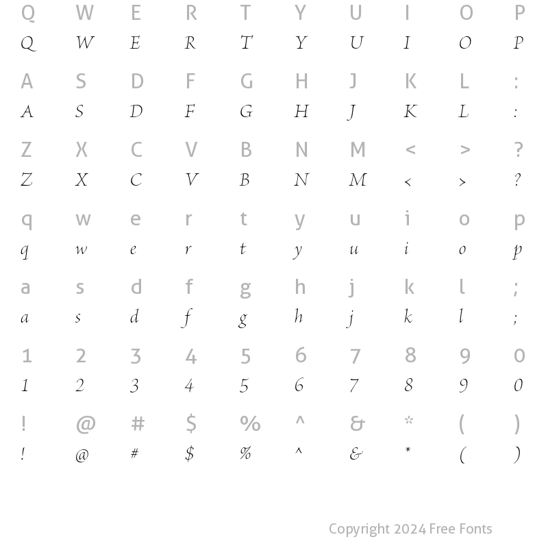 Character Map of Brioso Pro Light Italic Display