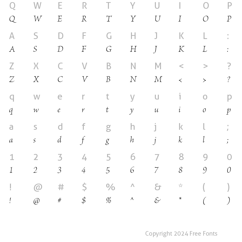 Character Map of Brioso Pro Light Italic Subhead