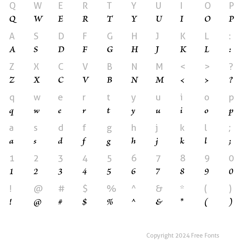 Character Map of Brioso Pro Semibold Italic Caption