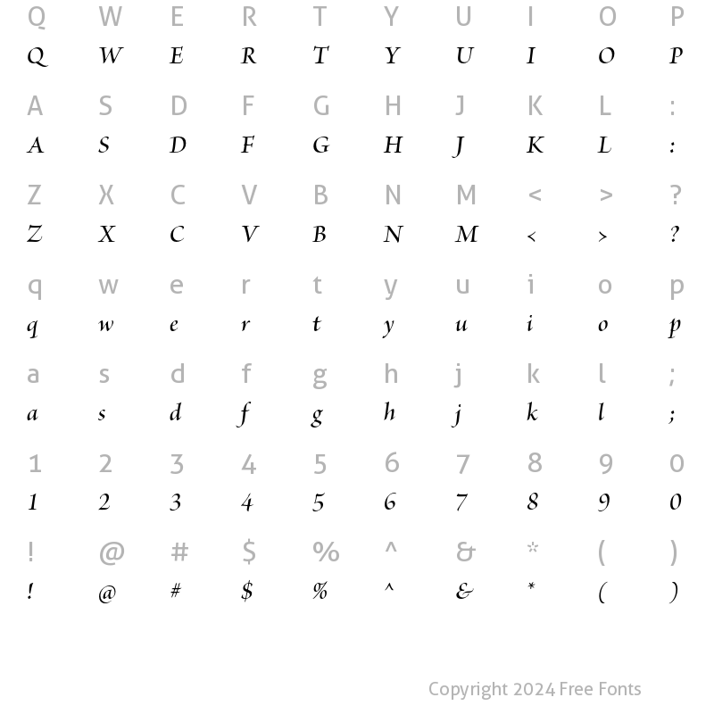 Character Map of Brioso Pro Semibold Italic Display