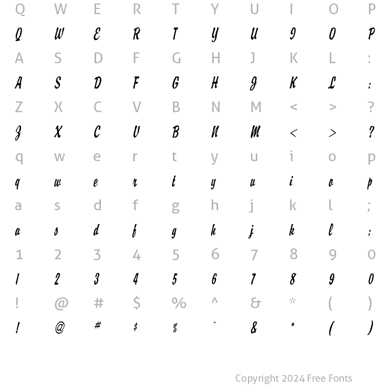 Character Map of Brisk Italic