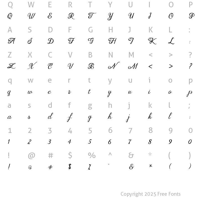 Character Map of brittania script font Regular