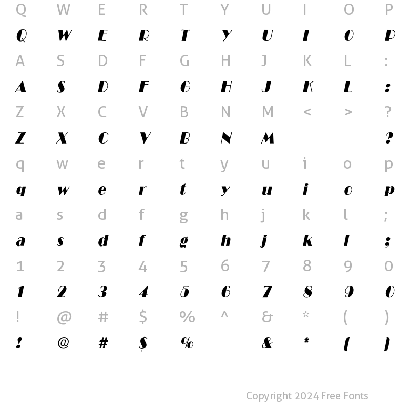 Character Map of BroadwayCondItalic Regular