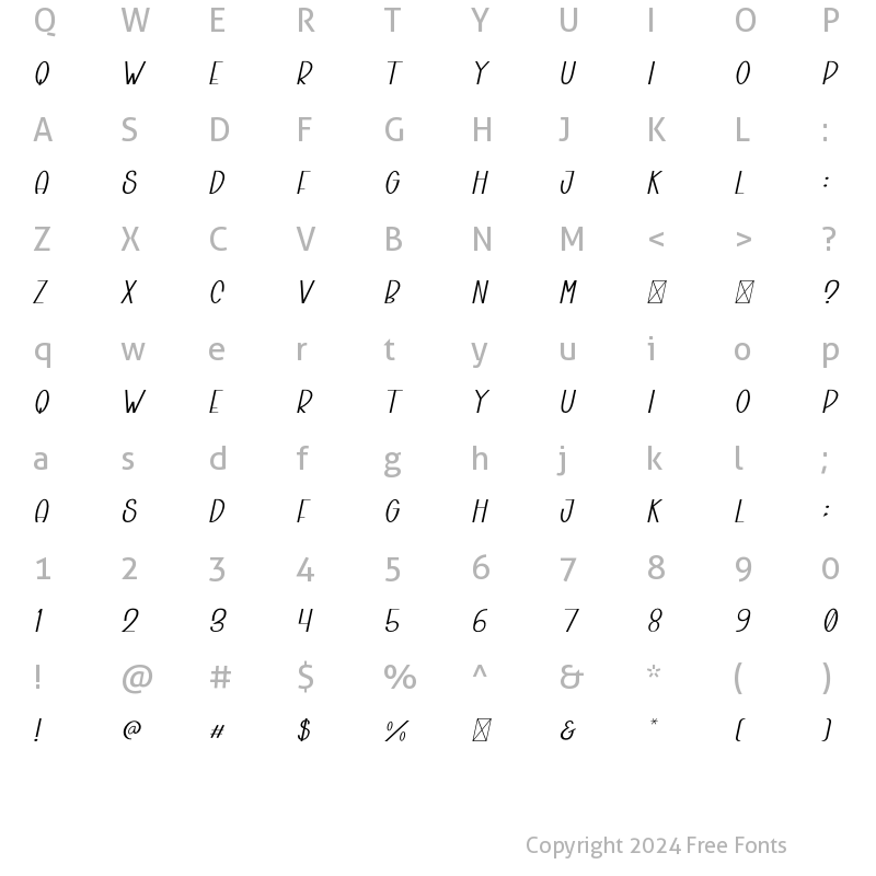 Character Map of Brokefold Sans Italic